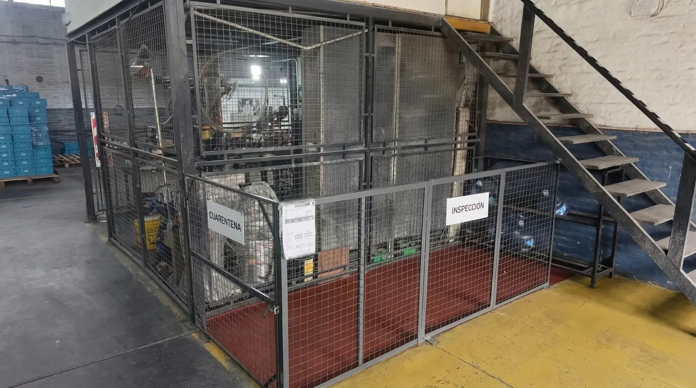 Sector de cuarentena e inspección en la planta de Micromet, con materiales identificados a la espera de control.