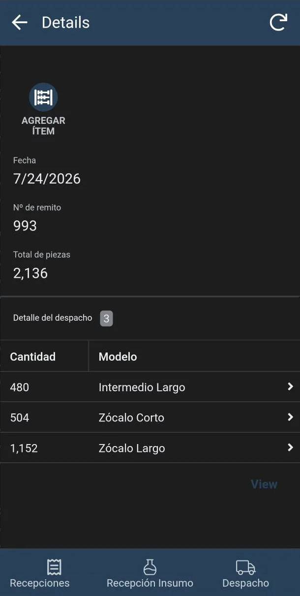 Captura de la aplicación de Micromet con el detalle de un despacho y la función para agregar ítems.