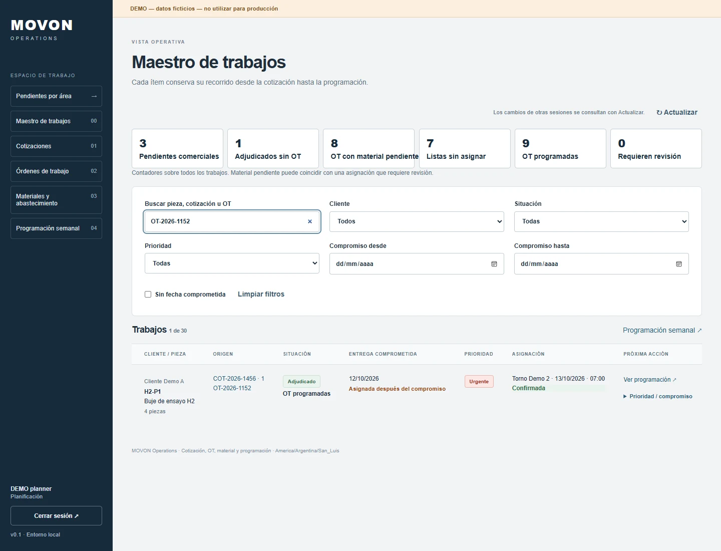Prototipo MOVON Operations: maestro de trabajos.