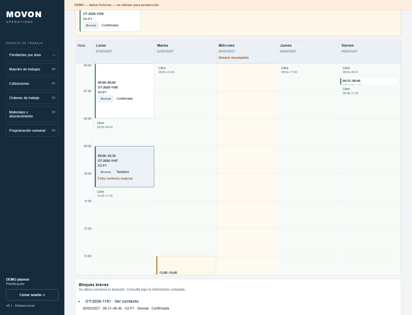 Prototipo MOVON Operations: programación semanal por máquina.